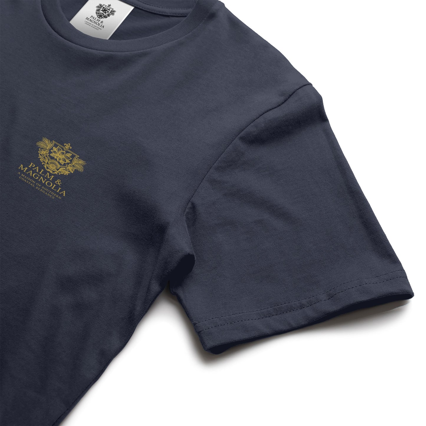 Navy heavyweight T-shirt with gold Coastal Companions Bayou La Batre emblem on chest.