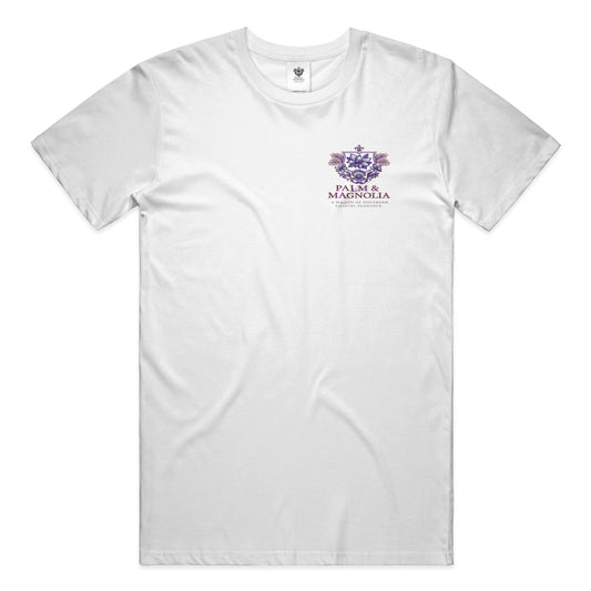 White ring-spun cotton tee with purple Coffee Time is Poodle Time and Palm & Magnolia print.