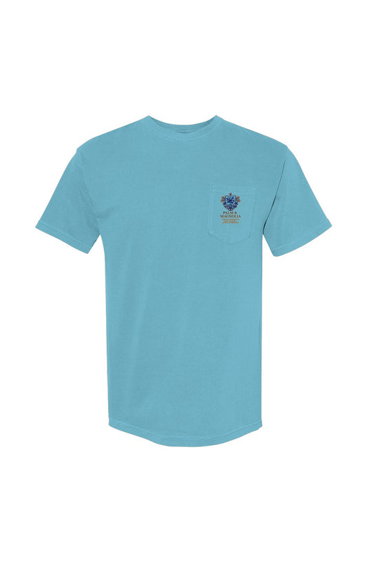 Turquoise heavyweight pocket t-shirt with garment-dyed cotton.