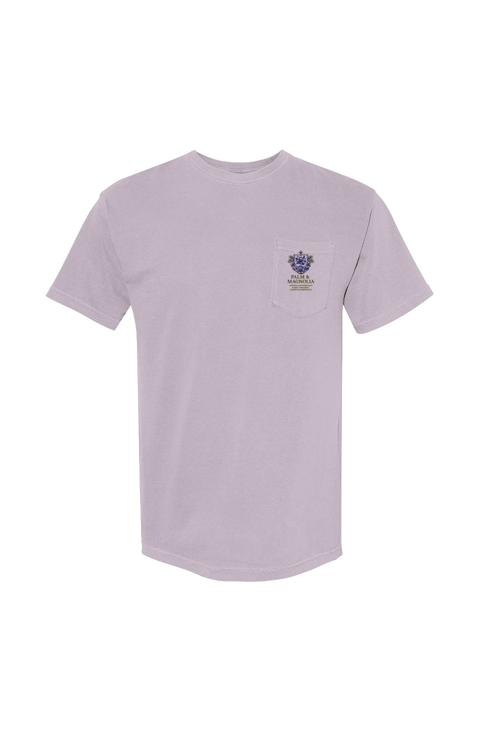 Lilac heavyweight cotton pocket T-shirt with embroidered crest on chest pocket.