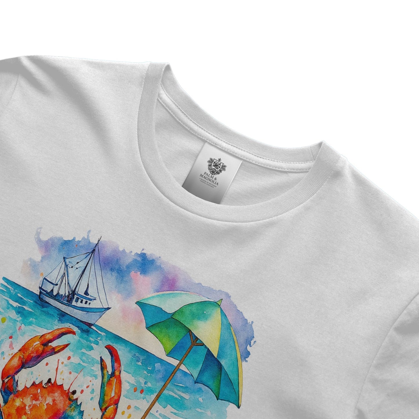 White unisex cotton tee with watercolor print of crab, sailboat, and beach umbrella.