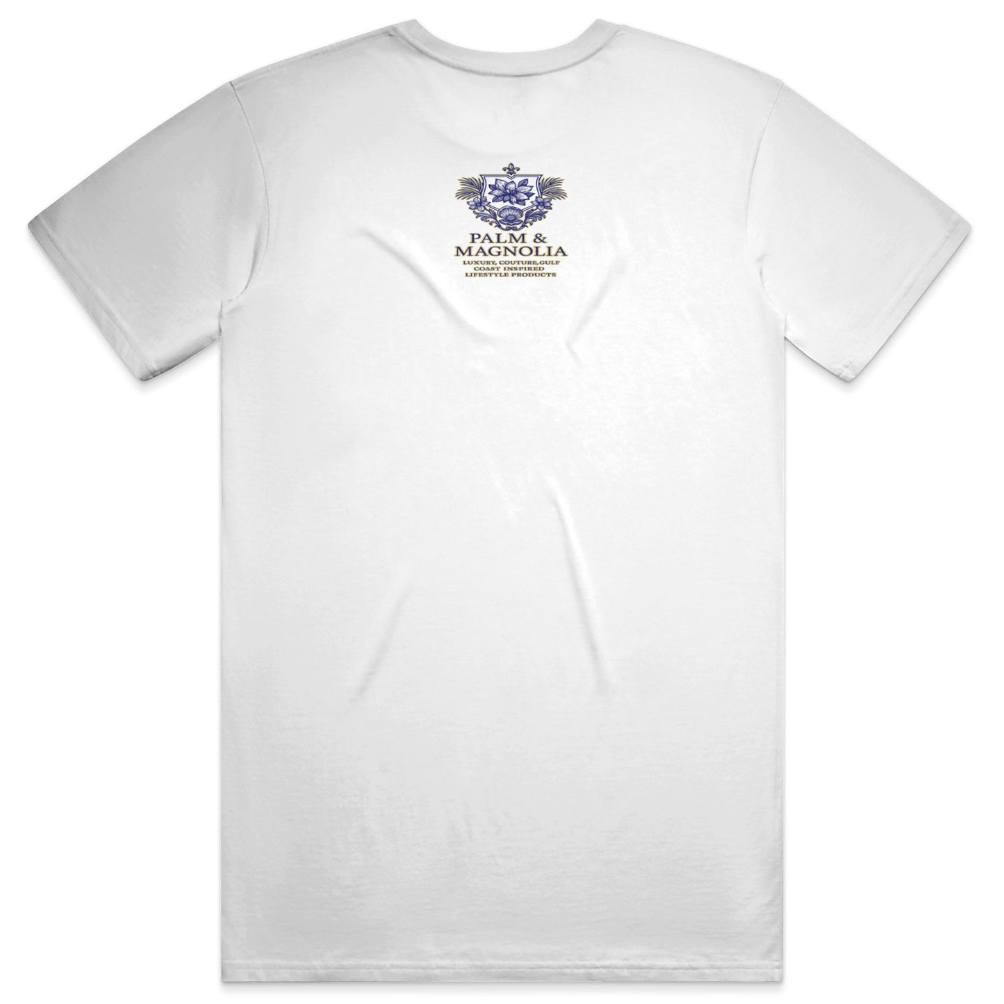 Back view of white unisex cotton tee with "Palm & Beach" crest logo.