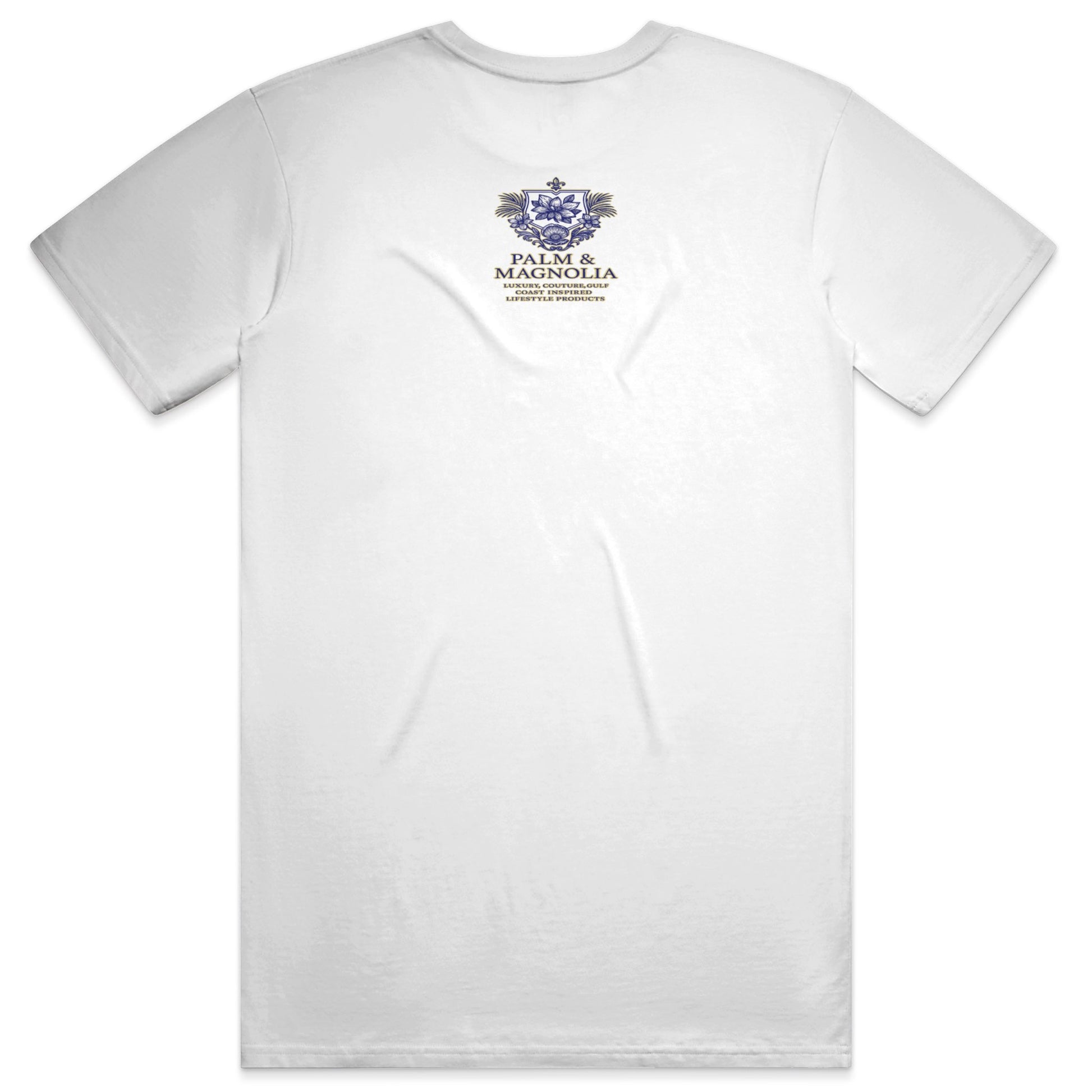 Back view of white unisex cotton tee with "Palm & Beach" crest logo.