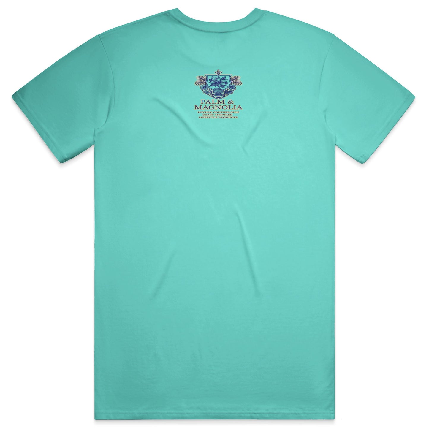 Back view of a teal unisex cotton tee with a central Coastal Rays logo.