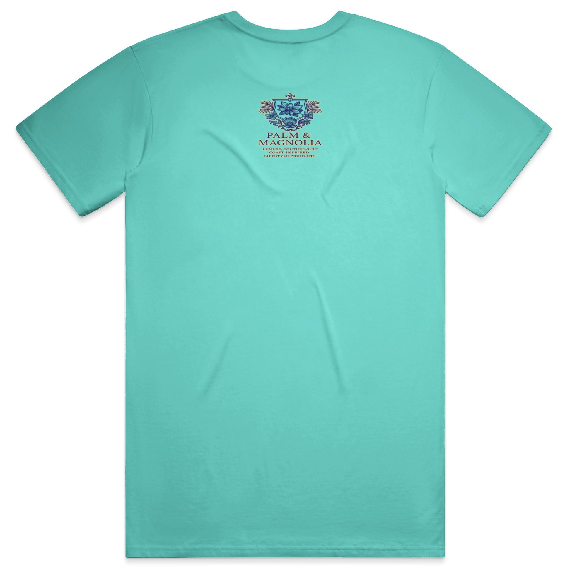 Back view of a teal unisex cotton tee with a central Coastal Rays logo.