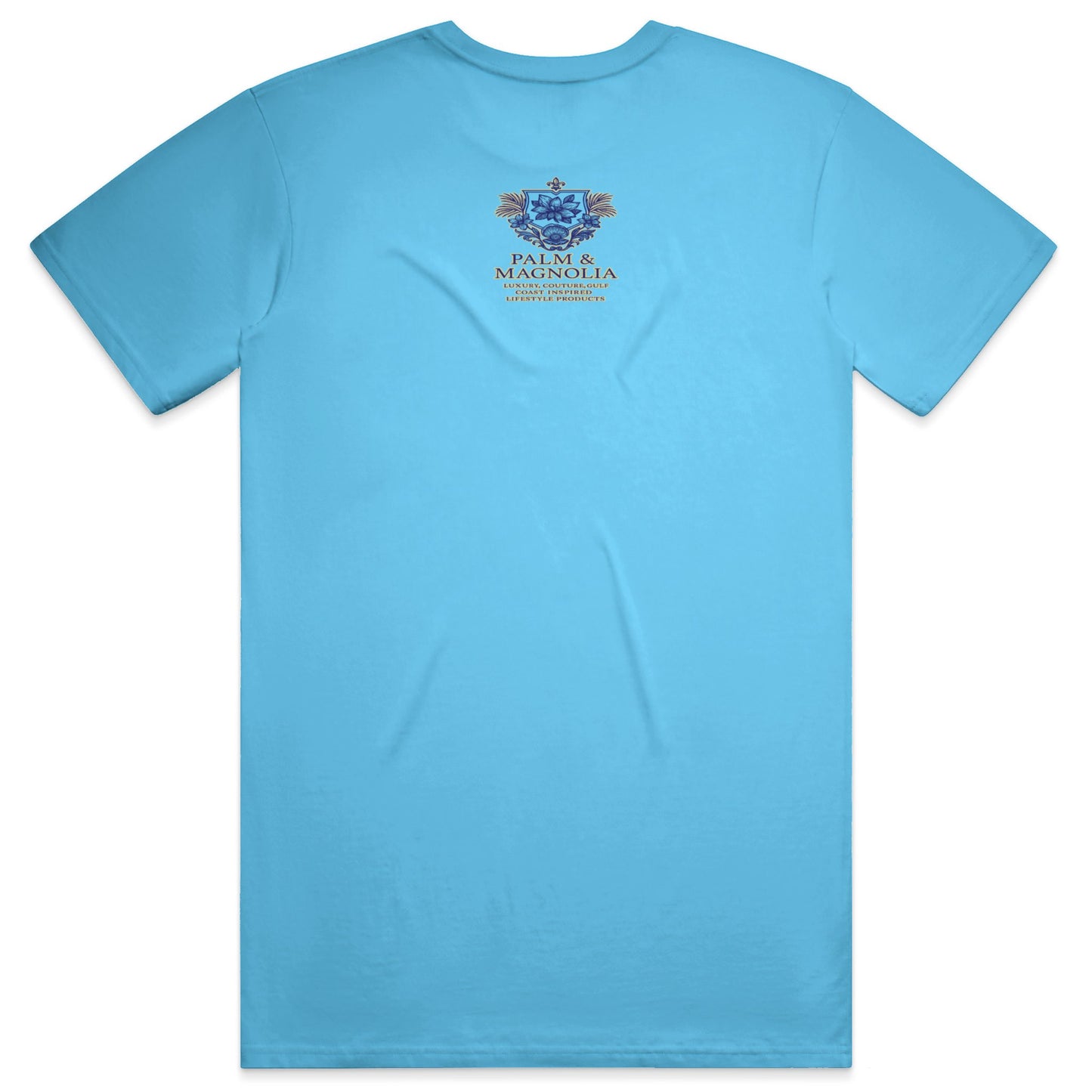 Back view of a light blue unisex cotton t-shirt with a central coastal rays emblem.