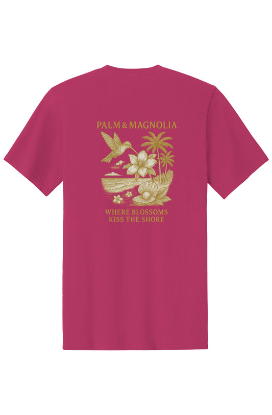 Red cotton tee with gold hummingbird, palm, and magnolia print on back.