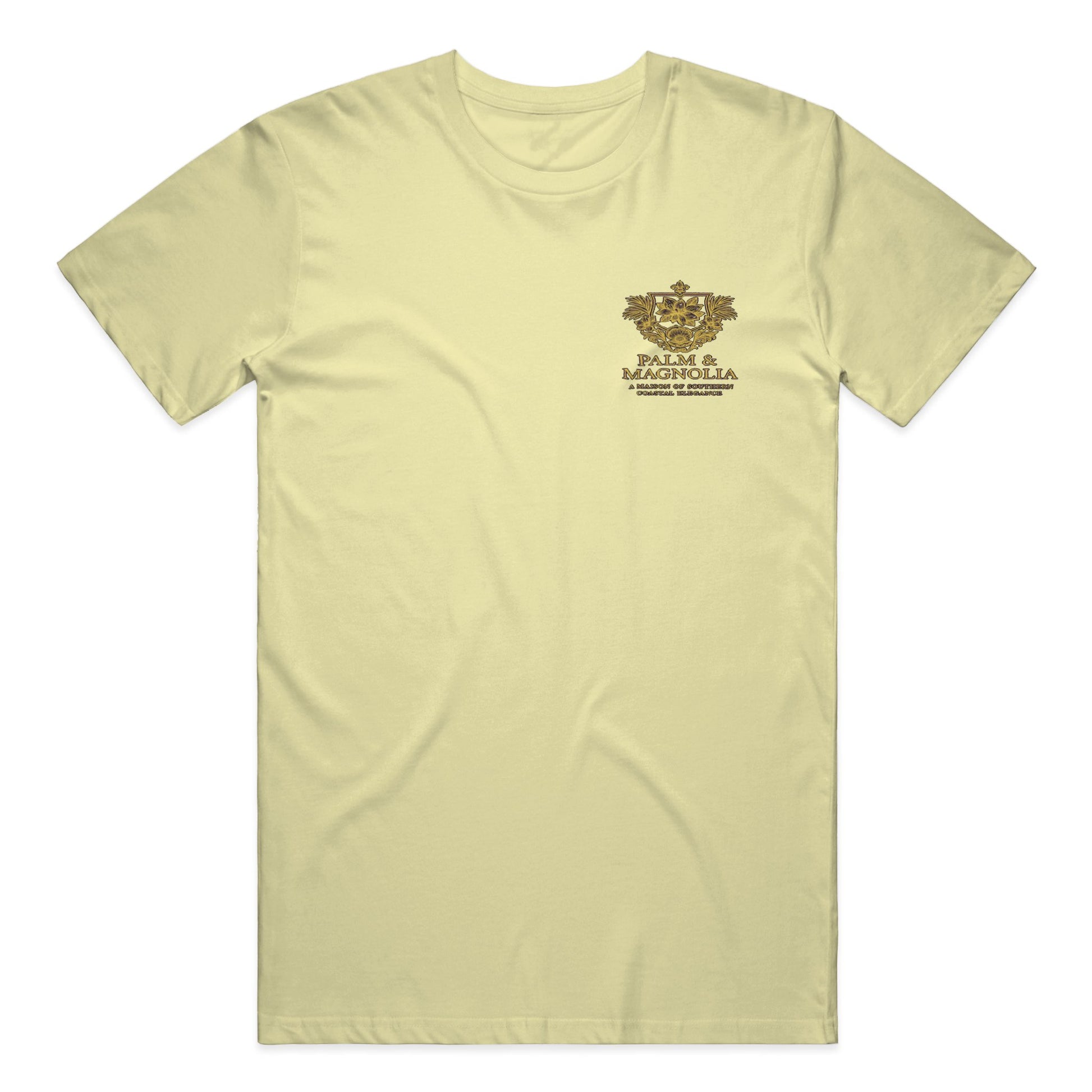 Yellow Comfort Colors heavyweight T-shirt with gold Palm & Magnolia emblem on chest.