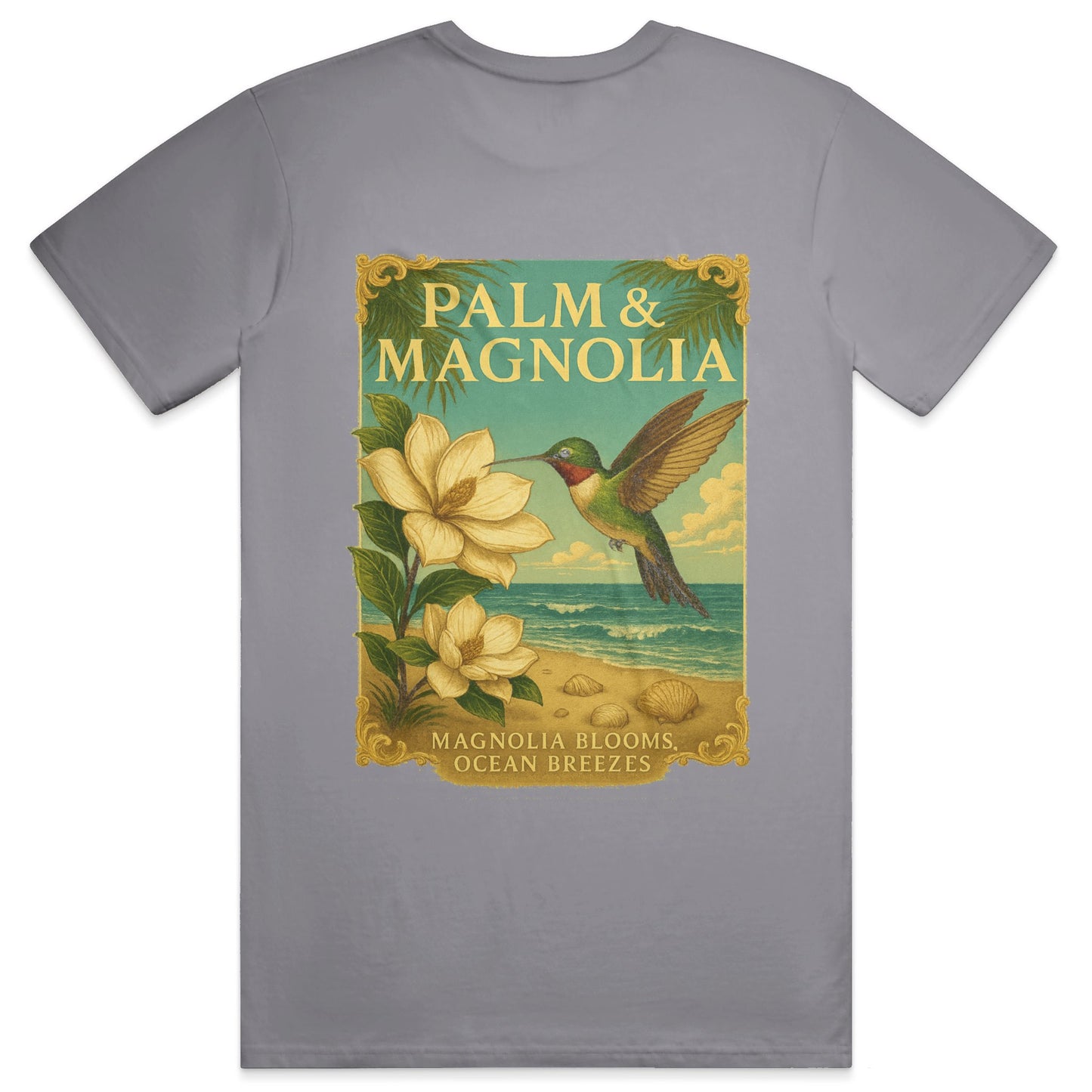 Gray Comfort Colors T-shirt with vintage poster print of hummingbird, magnolia blooms, and ocean beach scene.