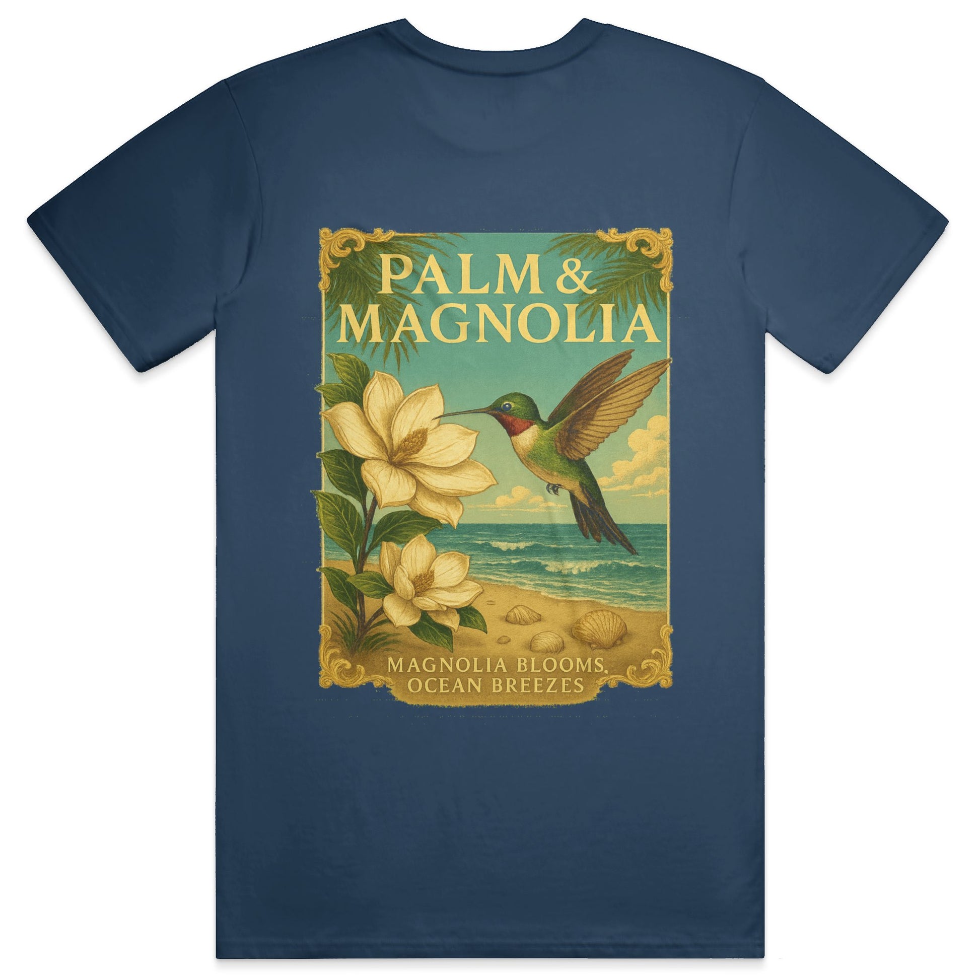 Navy blue Palm & Magnolia tee with vintage poster of hummingbird, magnolia blooms, and ocean scene.