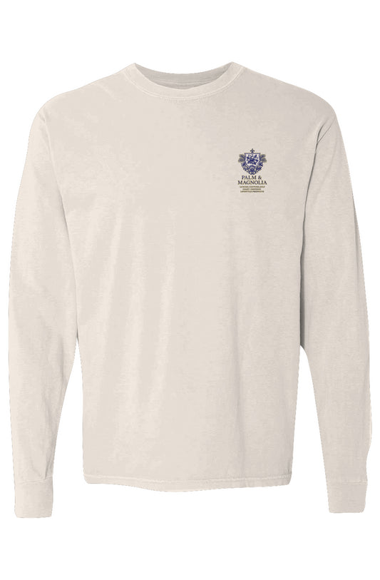 Cream long-sleeve heavyweight cotton tee with blue Magnolia Moonlit Manor emblem on chest.