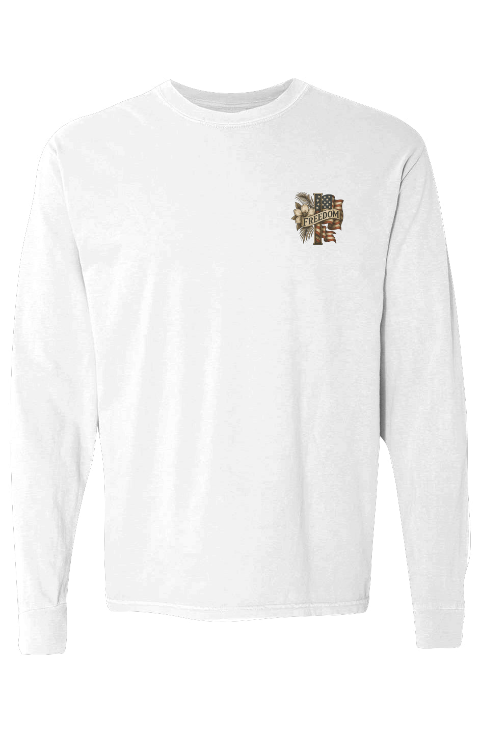 White long-sleeve tee with vintage patriotic emblem of FREEDOM on American flag and cross.