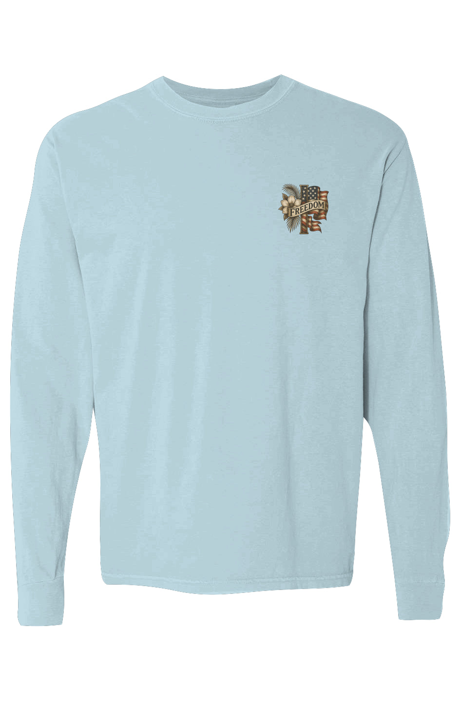 Light blue long-sleeve tee with vintage patriotic chest emblem of flag, cross, and leaves.