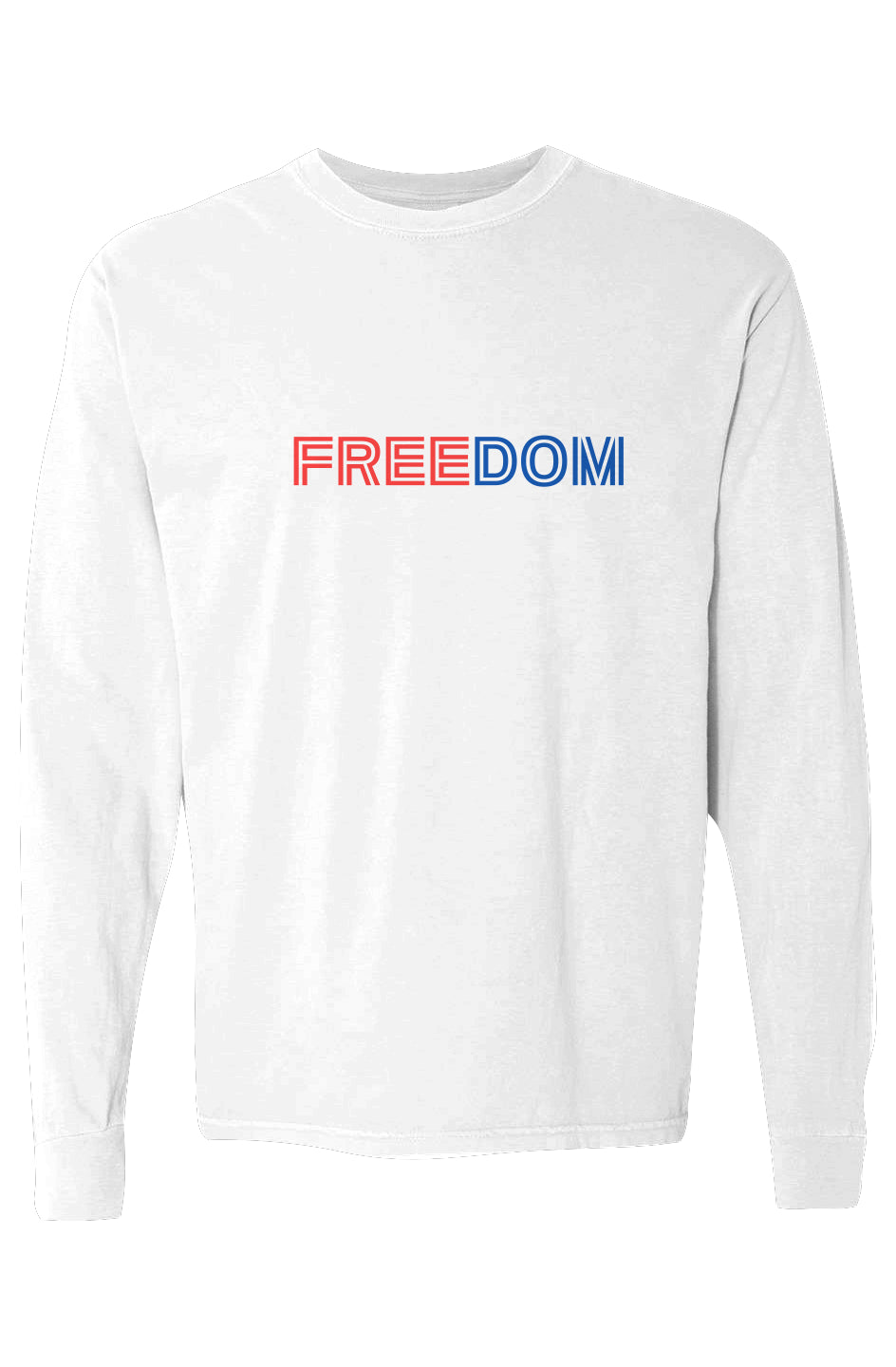 White cotton long-sleeve tee with bold "FREEDOM" text in red and blue on the front.