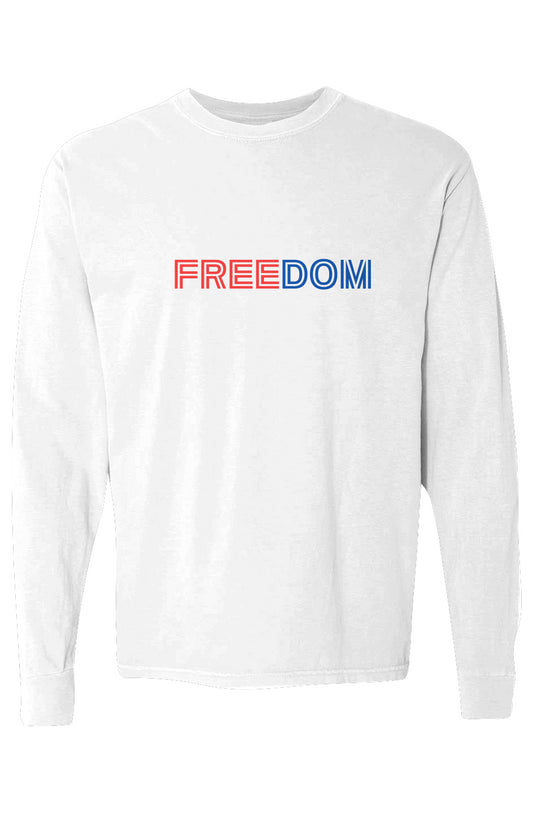 White cotton long-sleeve tee with bold "FREEDOM" text in red and blue on the front.