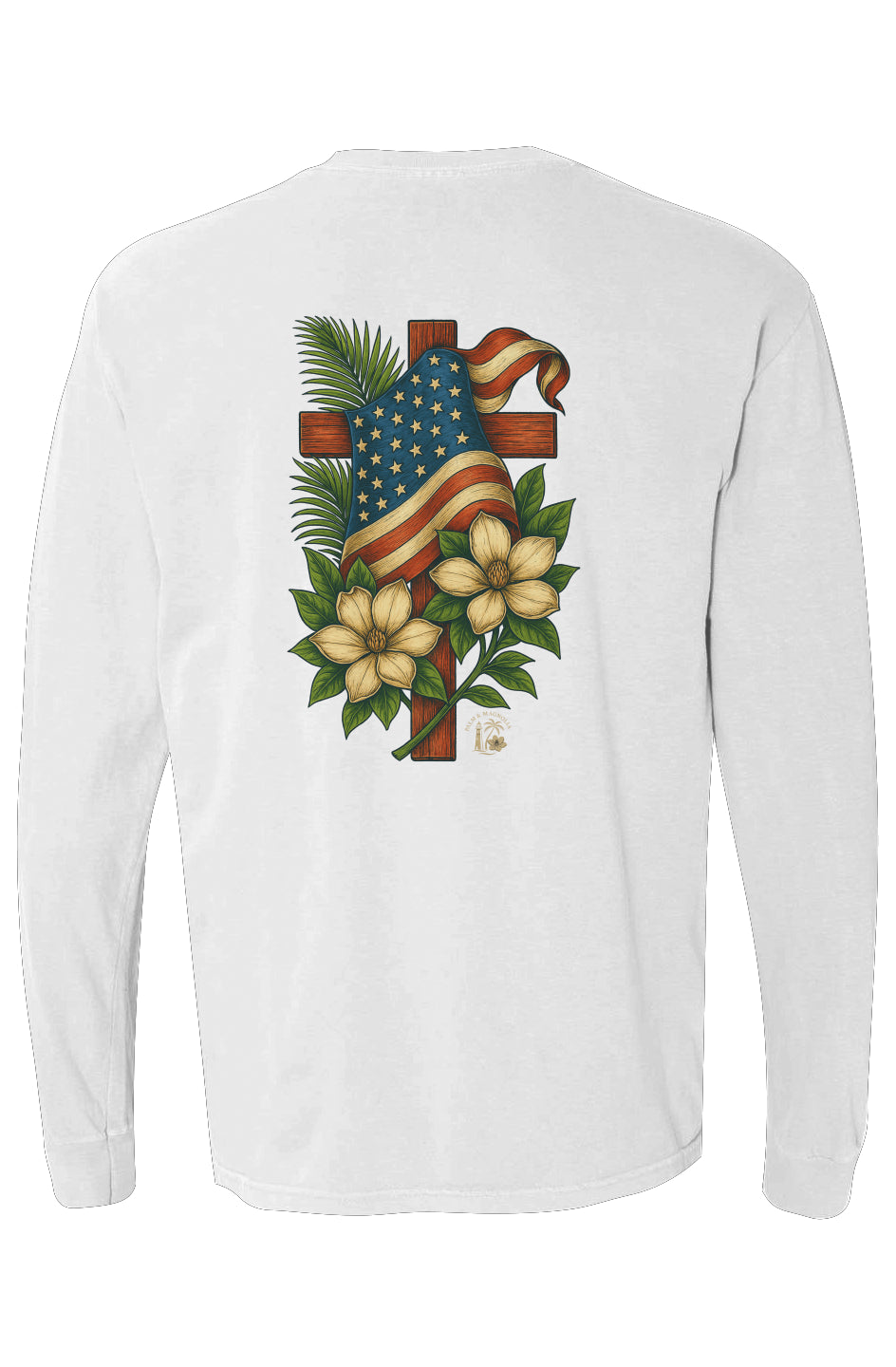 White long-sleeve cotton tee with back design of cross draped in American flag, surrounded by palm leaves and magnolia blossoms.