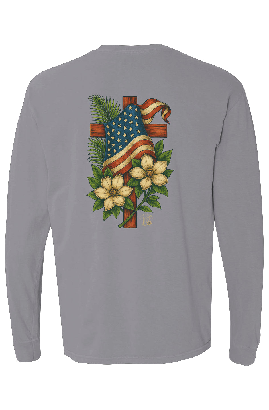 Gray long-sleeve cotton tee with back design of cross draped in American flag, surrounded by palm leaves and magnolia blossoms.