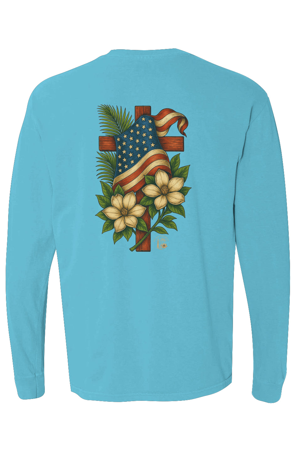 Light blue long-sleeve cotton tee with back design of American flag-draped cross framed by palm leaves and magnolia blossoms.