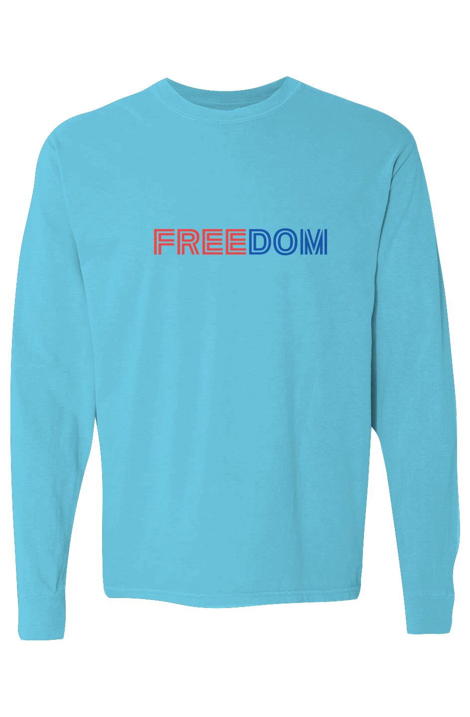 Coastal blue long-sleeve tee with "FREEDOM" printed in bold red and blue letters on the front.