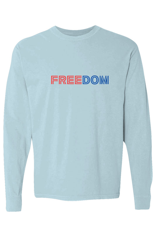 Light blue long-sleeve cotton tee with bold "FREEDOM" text on front.