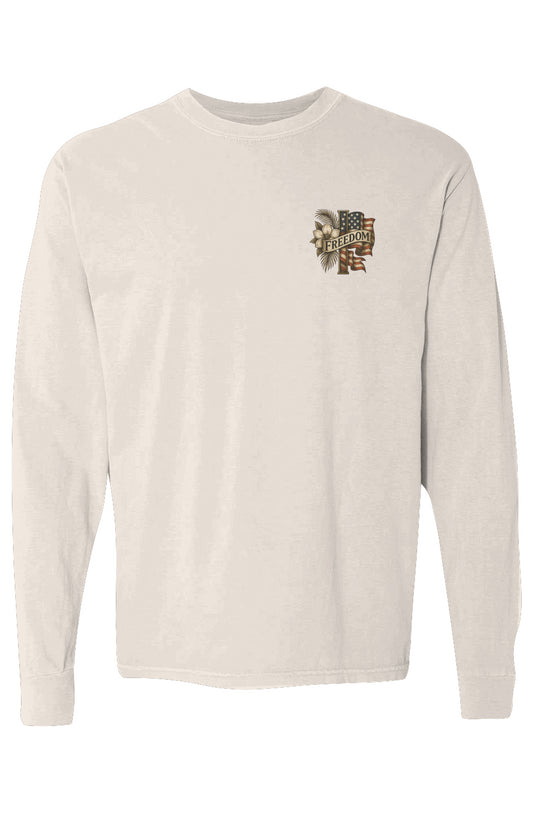 Black Palm & Magnolia Second Amendment cotton long-sleeve tee with chest graphic.