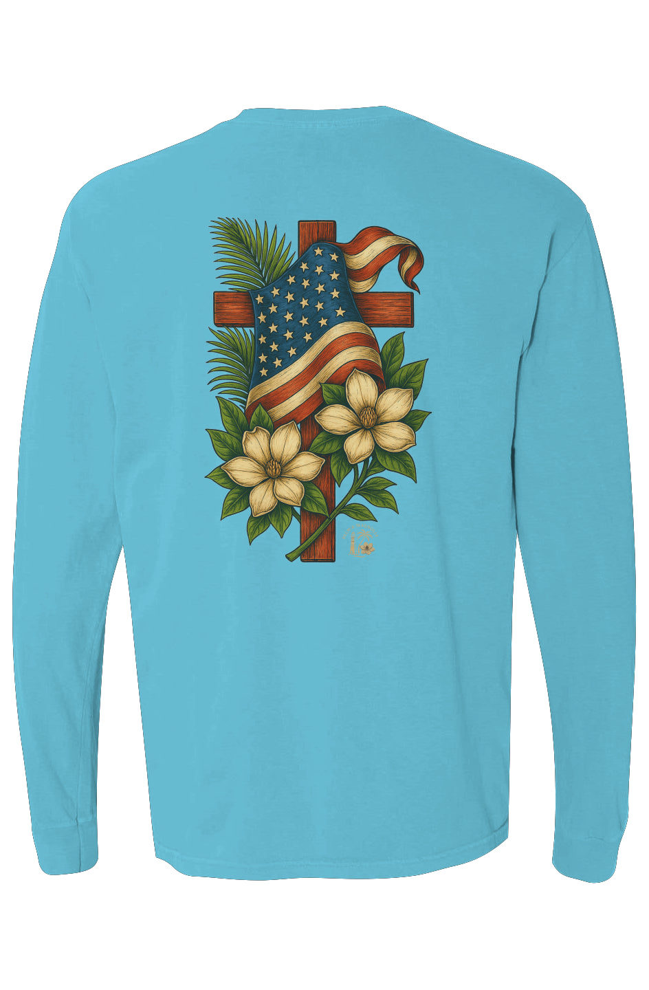 Blue long-sleeve cotton tee with back design of wooden cross, American flag, palm leaves, and magnolia flowers.