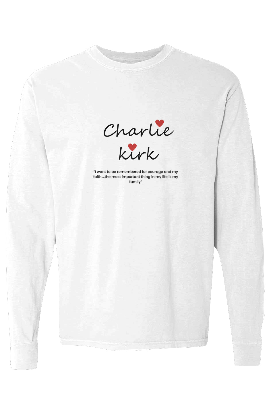 White long-sleeve tee with "Charlie" text and quote on front.