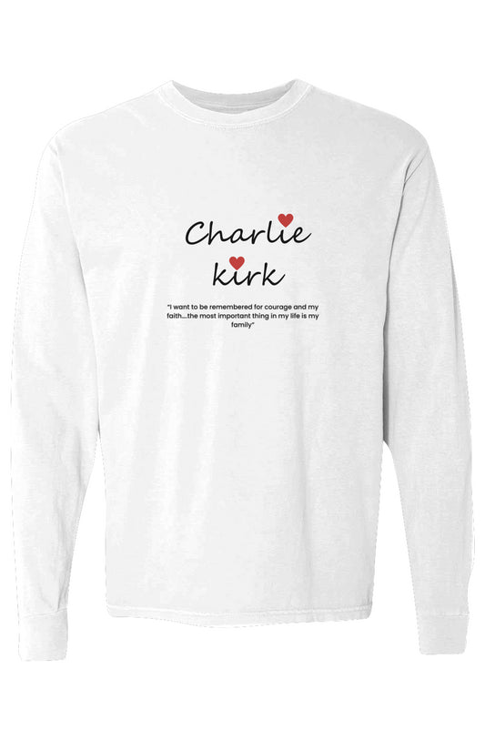 White long-sleeve tee with "Charlie" text and quote on front.