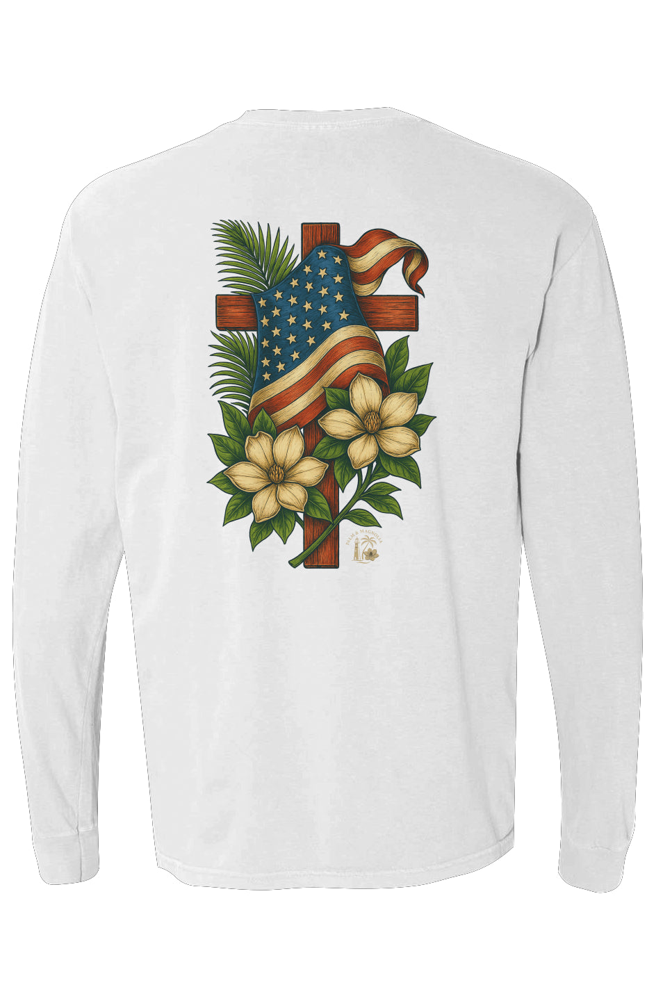White long-sleeve tee with back design of wooden cross draped in American flag, palm leaves, and yellow magnolia flowers.