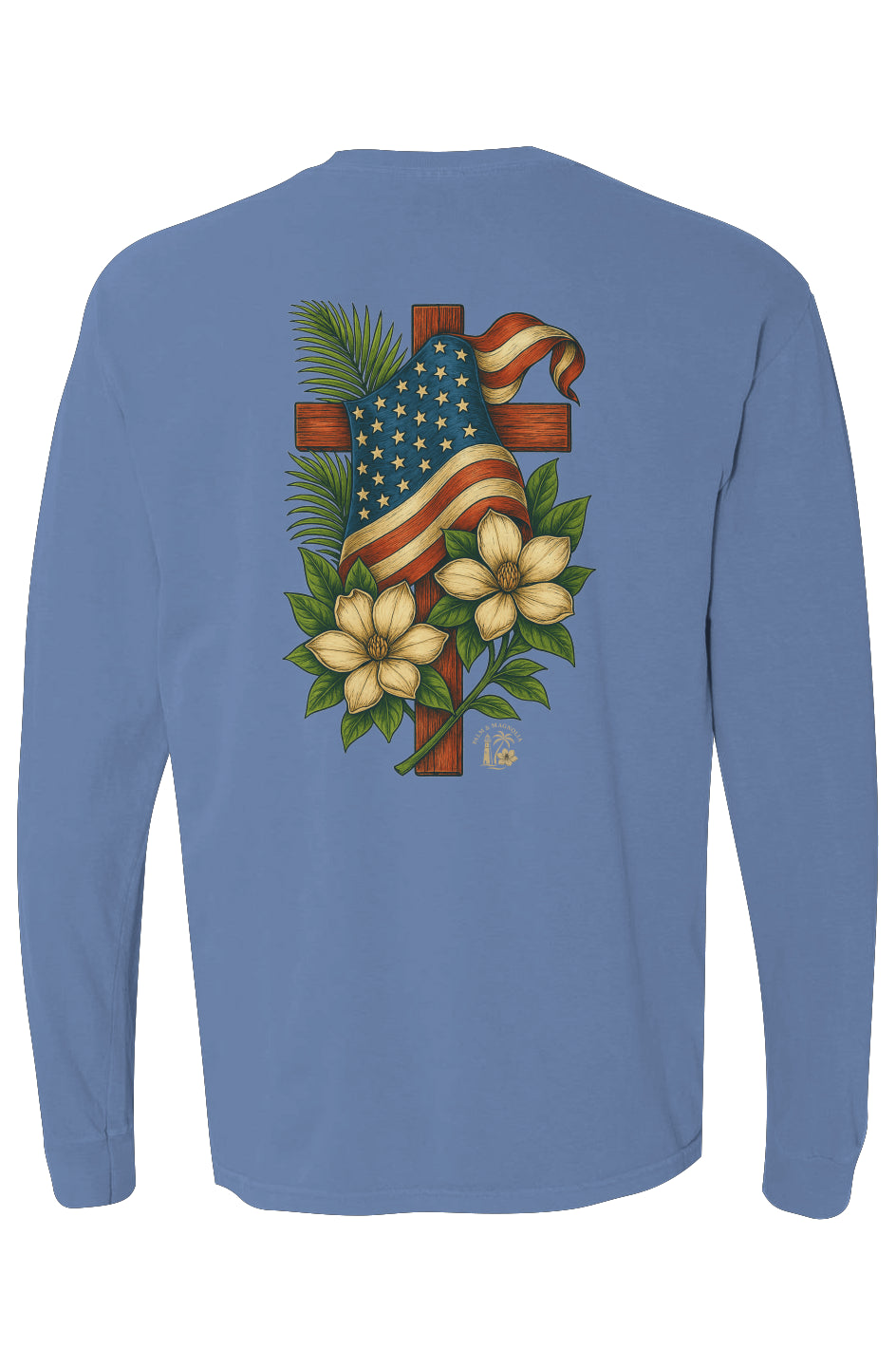 Blue long-sleeve cotton tee with back design of wooden cross, American flag, palm leaves, and magnolia flowers.