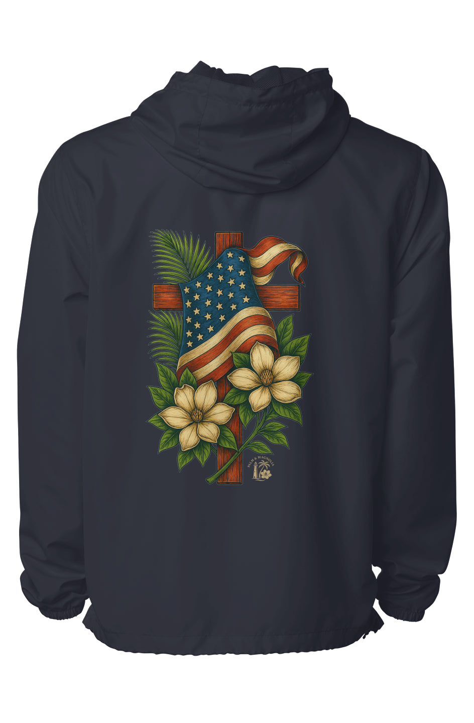 Black lightweight water-resistant windbreaker with back print of cross, American flag, palm, and magnolia flowers.
