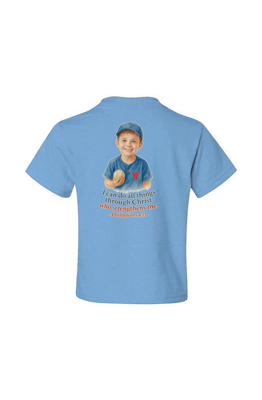 Light blue youth baseball tee with a boy in cap, number seven logo, and Philippians 4:13 verse on back.