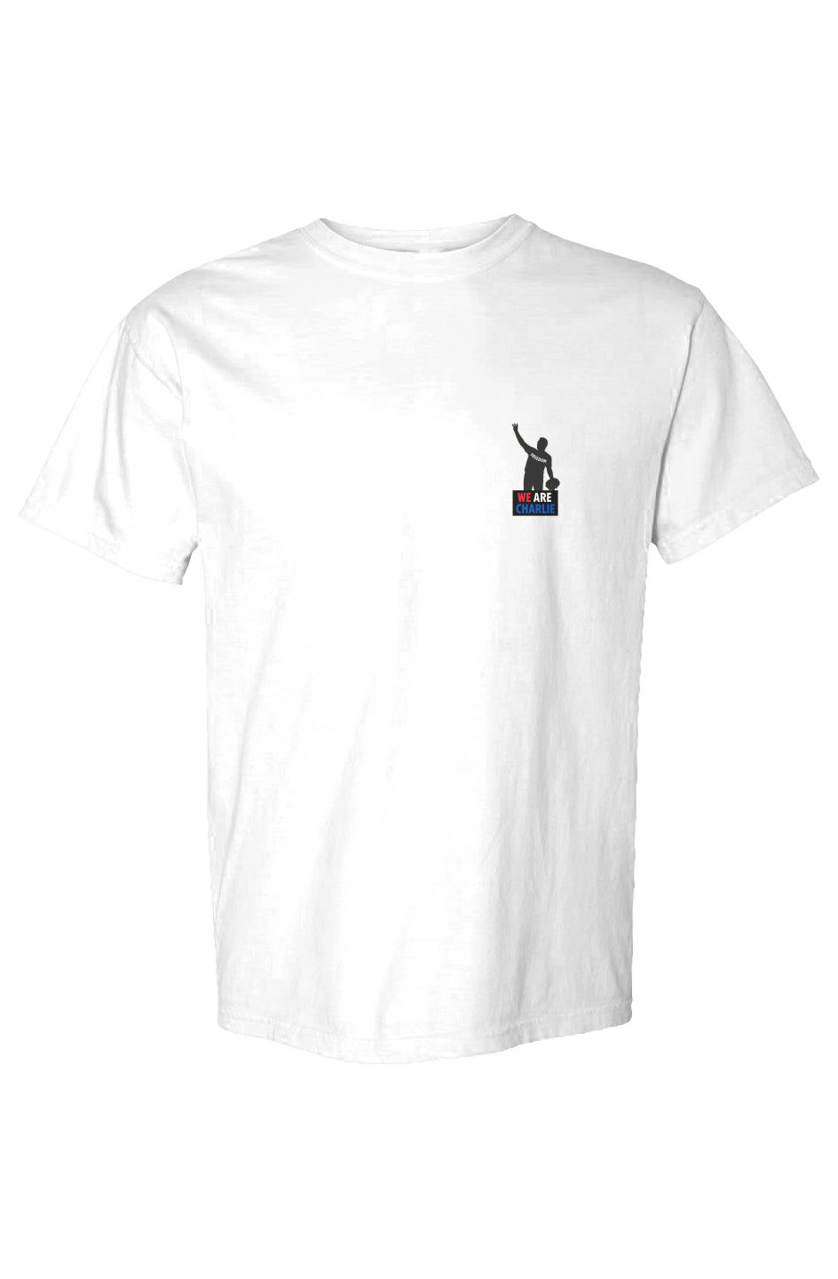 White Comfort Colors heavyweight T-shirt with "We Are Charlie" silhouette print.
