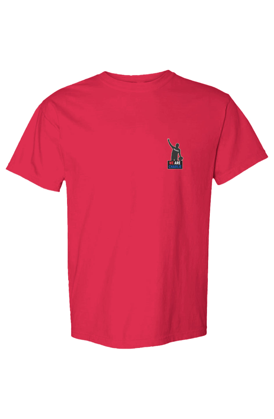 Red Comfort Colors heavyweight T-shirt with "We Are Charlie" silhouette design.