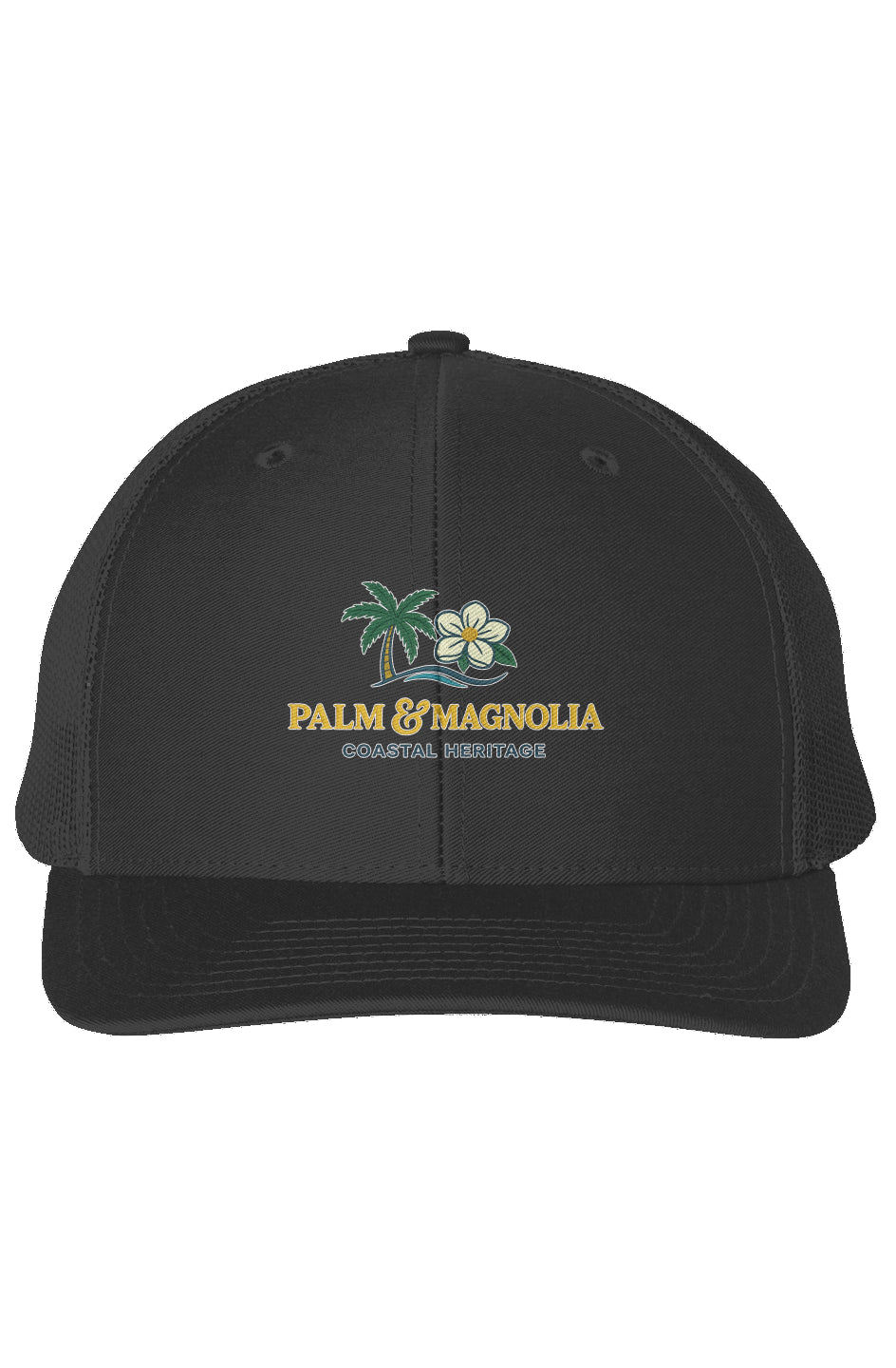 Black snapback trucker cap embroidered with palm tree, magnolia flowers, and "Palm & Magnolia" text.
