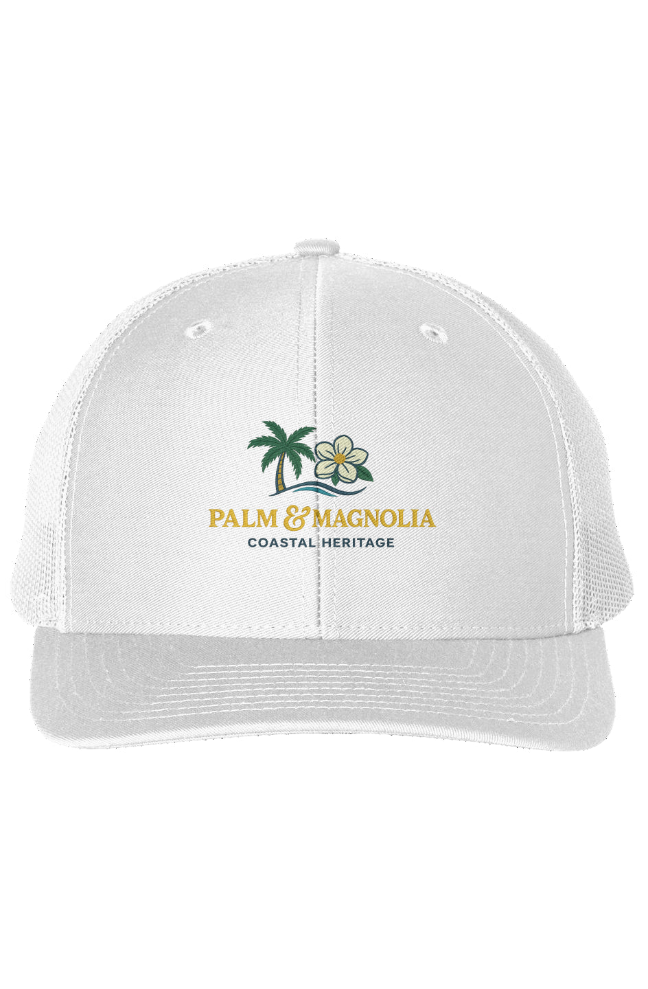 White snapback trucker cap embroidered with palm tree, magnolia, and "Palm & Magnolia Coastal Heritage" text.