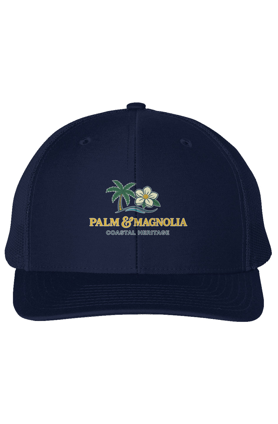 Navy snapback trucker cap with embroidered palm tree, magnolia blossoms, and "Palm & Magnolia" text.