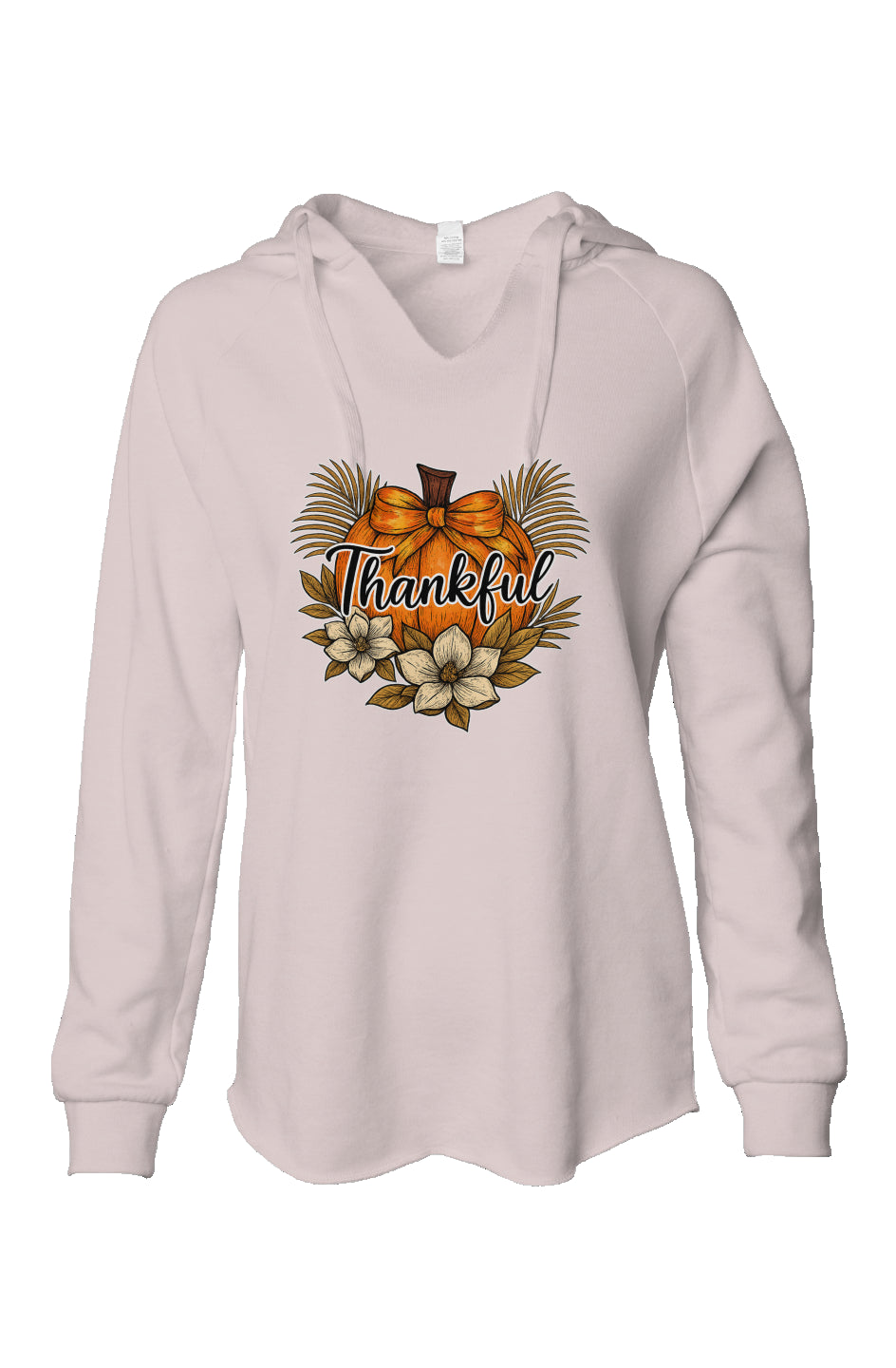 Women's pink wave wash hoodie with "Thankful" text, orange pumpkin, and magnolia floral design.