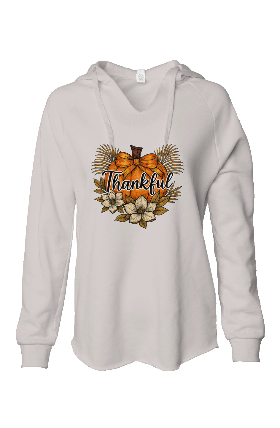 Women's gray wave wash hoodie with "Thankful" text, orange pumpkin, and magnolia floral design.