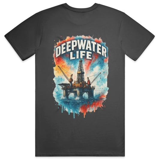 Gray heavyweight cotton t-shirt with colorful Deepwater Life oil rig graphic on back.