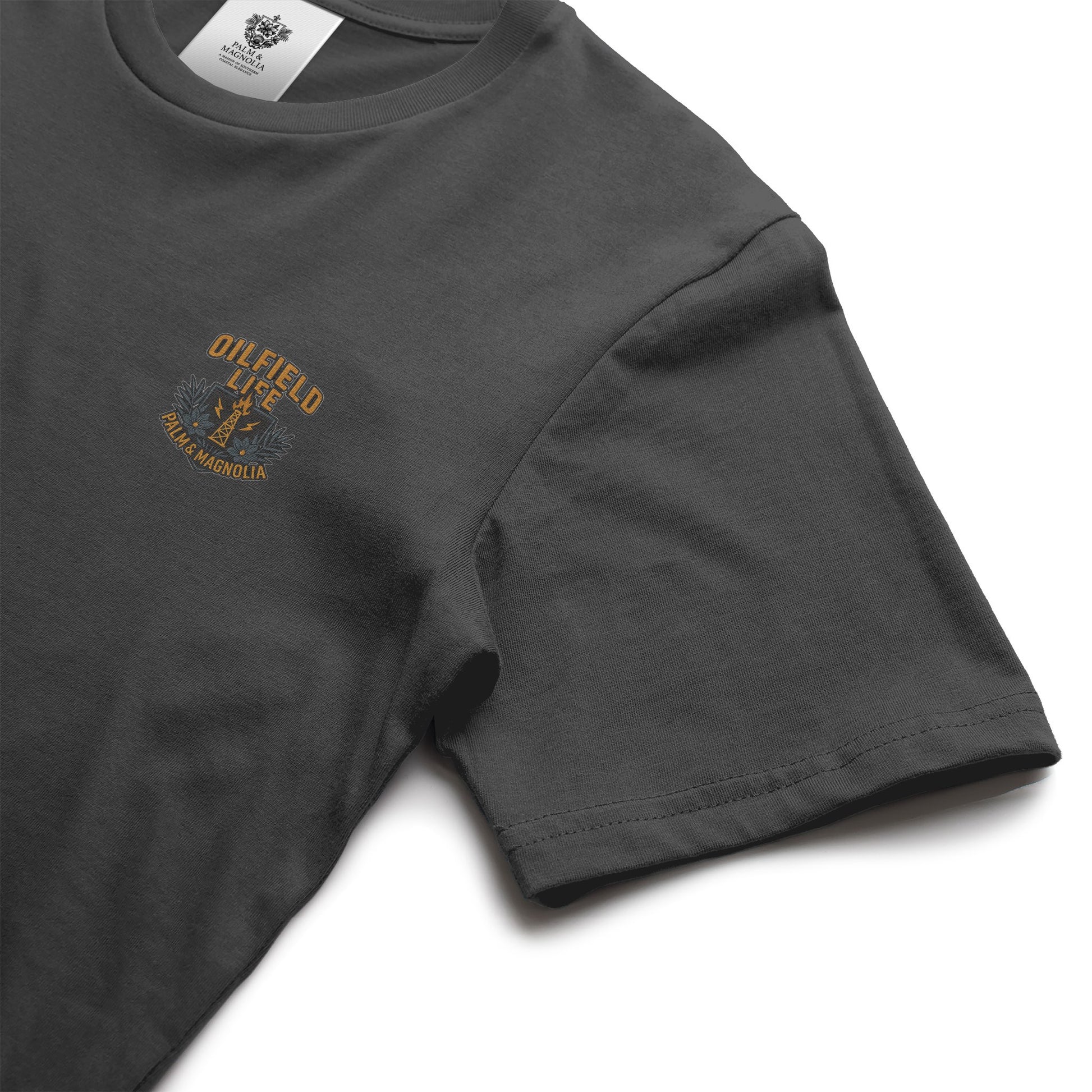 Gray heavyweight cotton tee with orange "Oilfield Life" embroidery on chest.