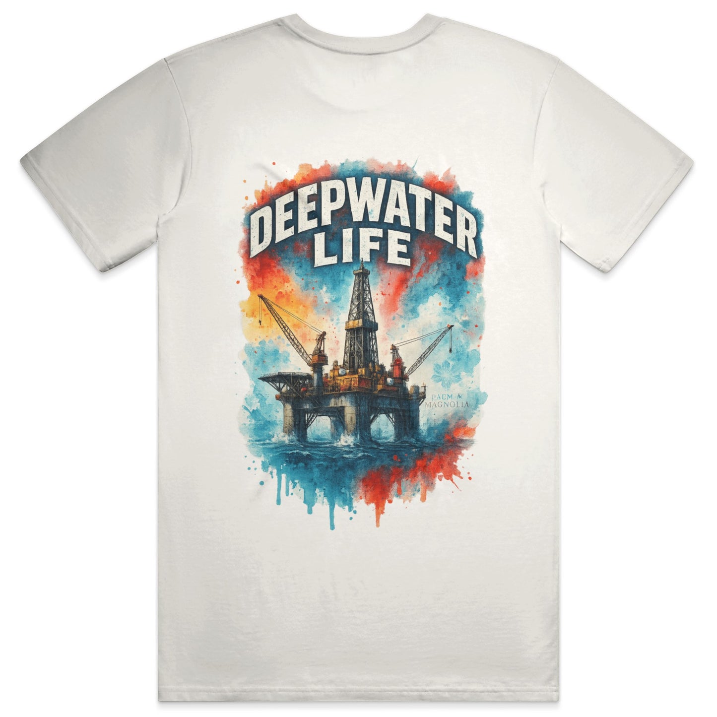 White heavyweight cotton T-shirt with back print of colorful deepwater oil rig and "Deepwater Life" text.