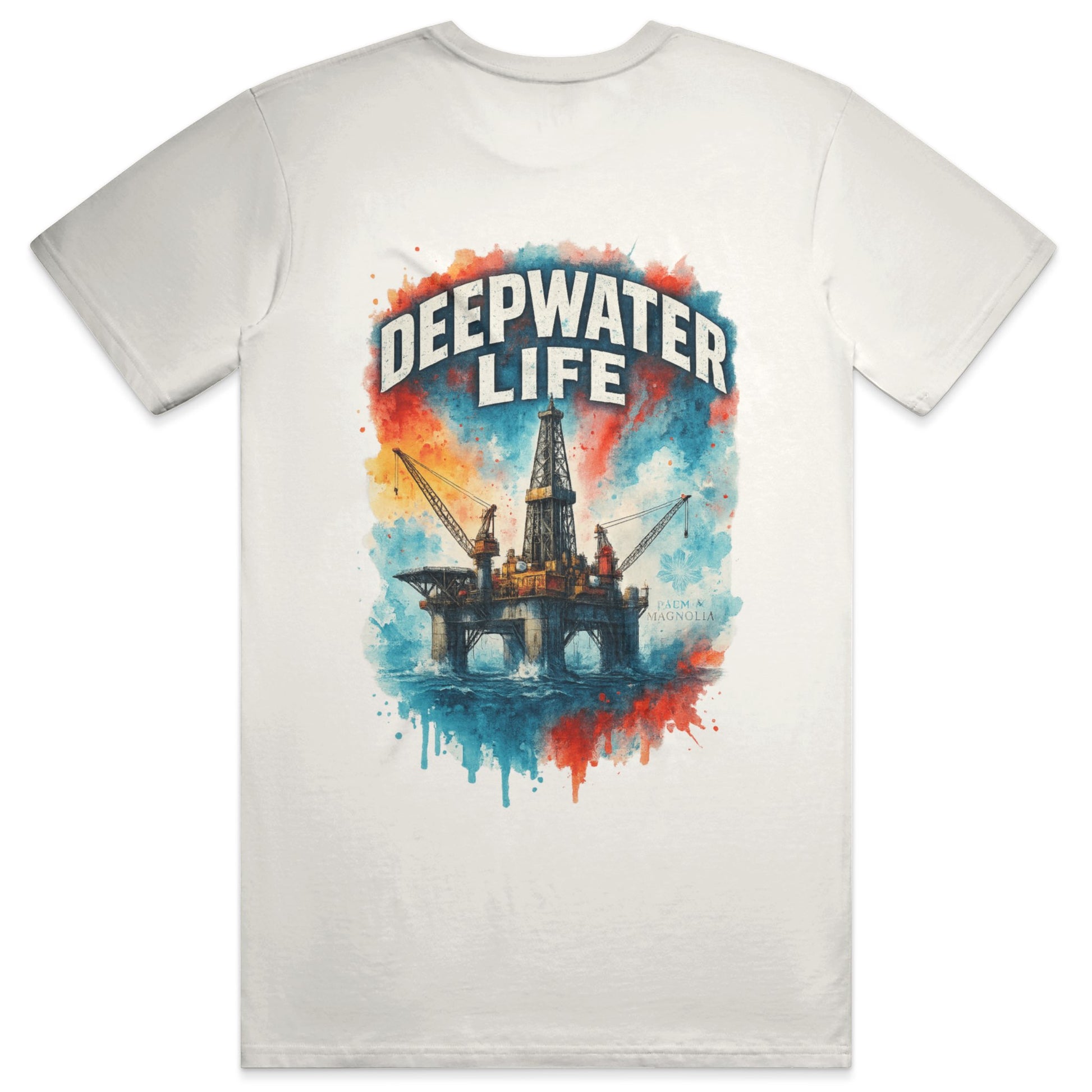 White heavyweight cotton T-shirt with back print of colorful deepwater oil rig and "Deepwater Life" text.