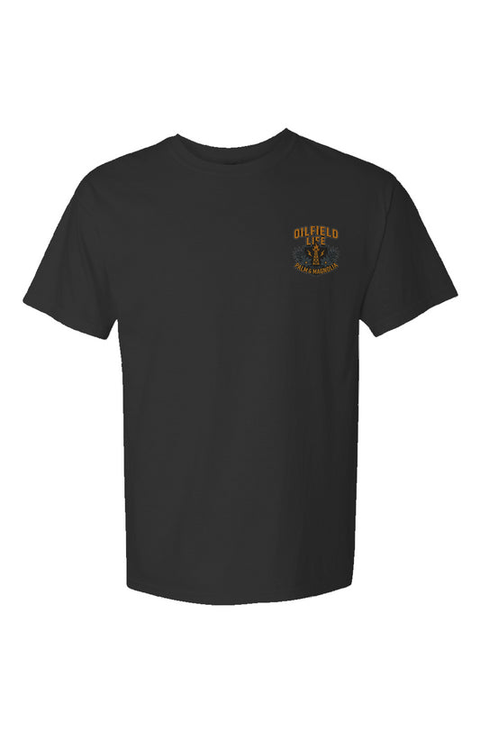 Black heavyweight cotton t-shirt with orange drillship emblem on chest.