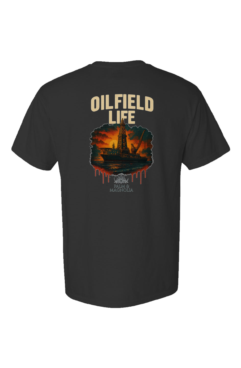 Black heavyweight cotton T-shirt with back print of a drillship and "Oilfield Life" text.