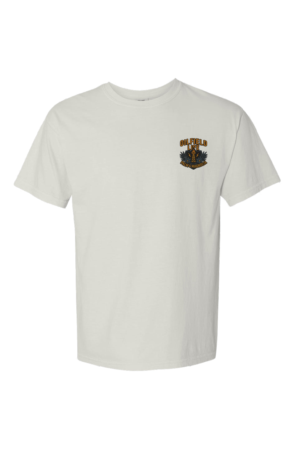 White heavyweight cotton t-shirt with a drillship emblem on the chest.