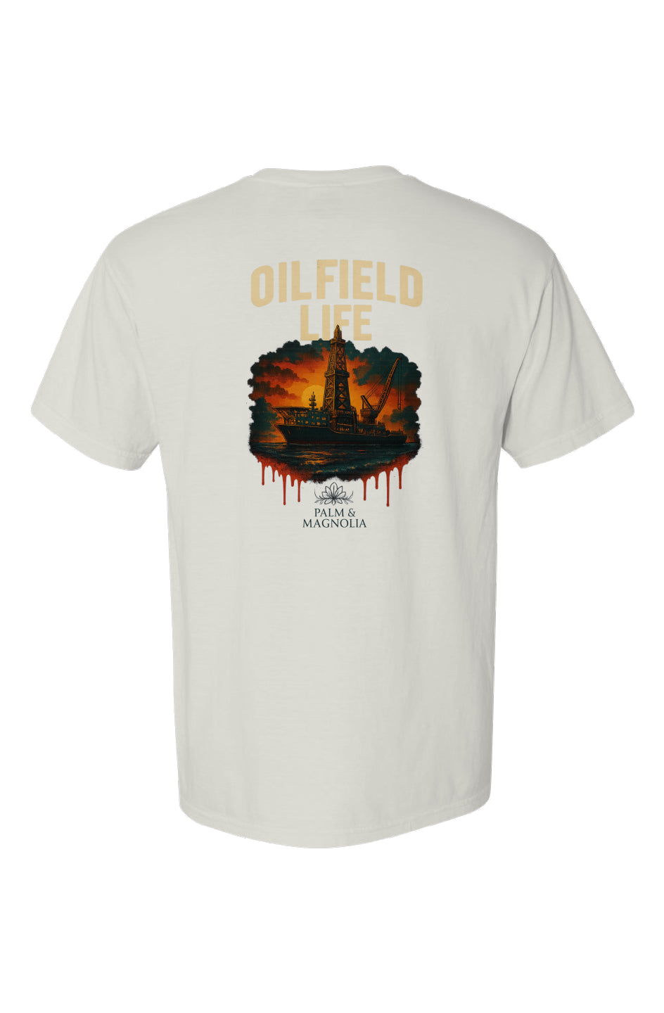 White heavyweight cotton T-shirt with back print of an offshore drillship in fiery landscape and "Oilfield Life" text.