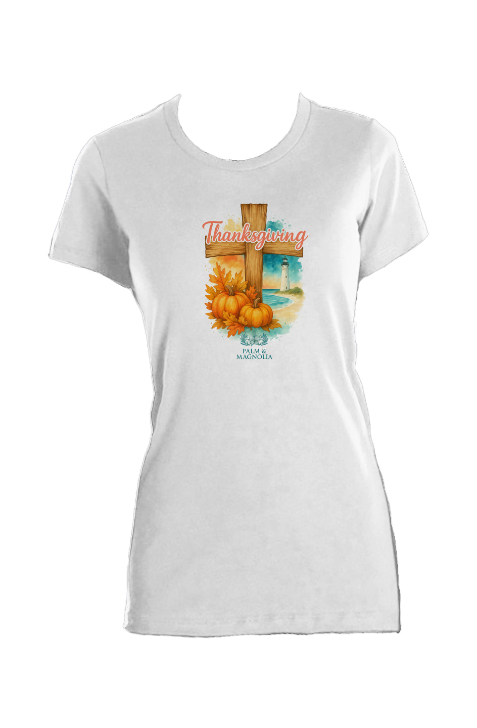 White women's crew t-shirt with pink "Grace & Glory" text, wooden cross, orange pumpkins, and blue coastal scene.