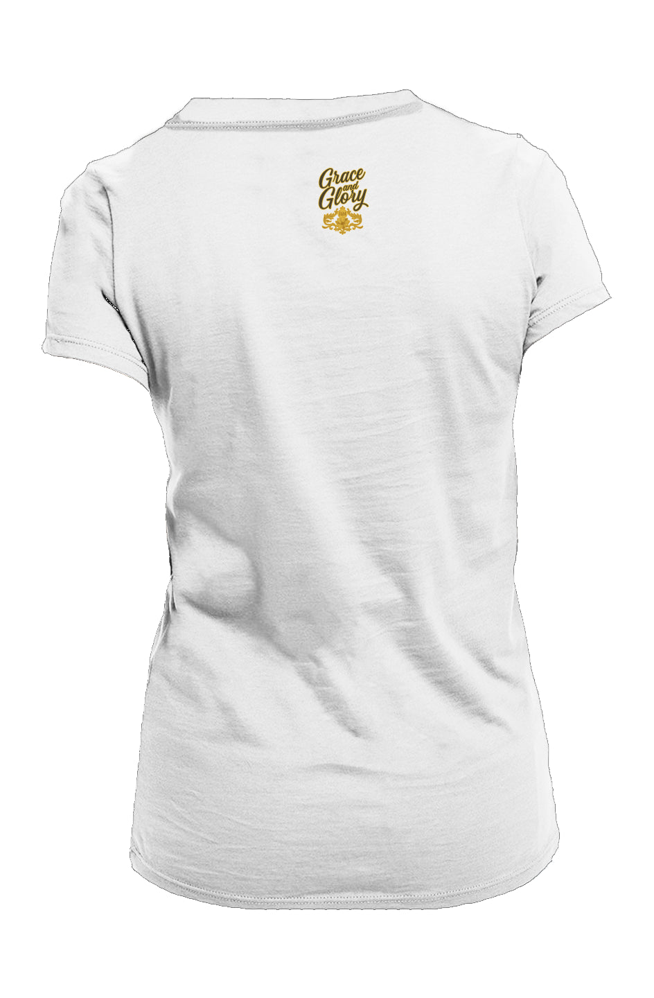 Back view of white women's crew T-shirt with "Grace & Glory" text on neckline.