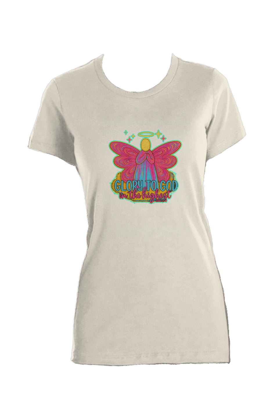 Women's beige crew-neck t-shirt with a colorful watercolor angel and "Glory to God" print.